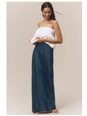 BY ANTHROPOLOGIE Women's Solid The Tilda Maxi Slip Skirt Teal Satin S